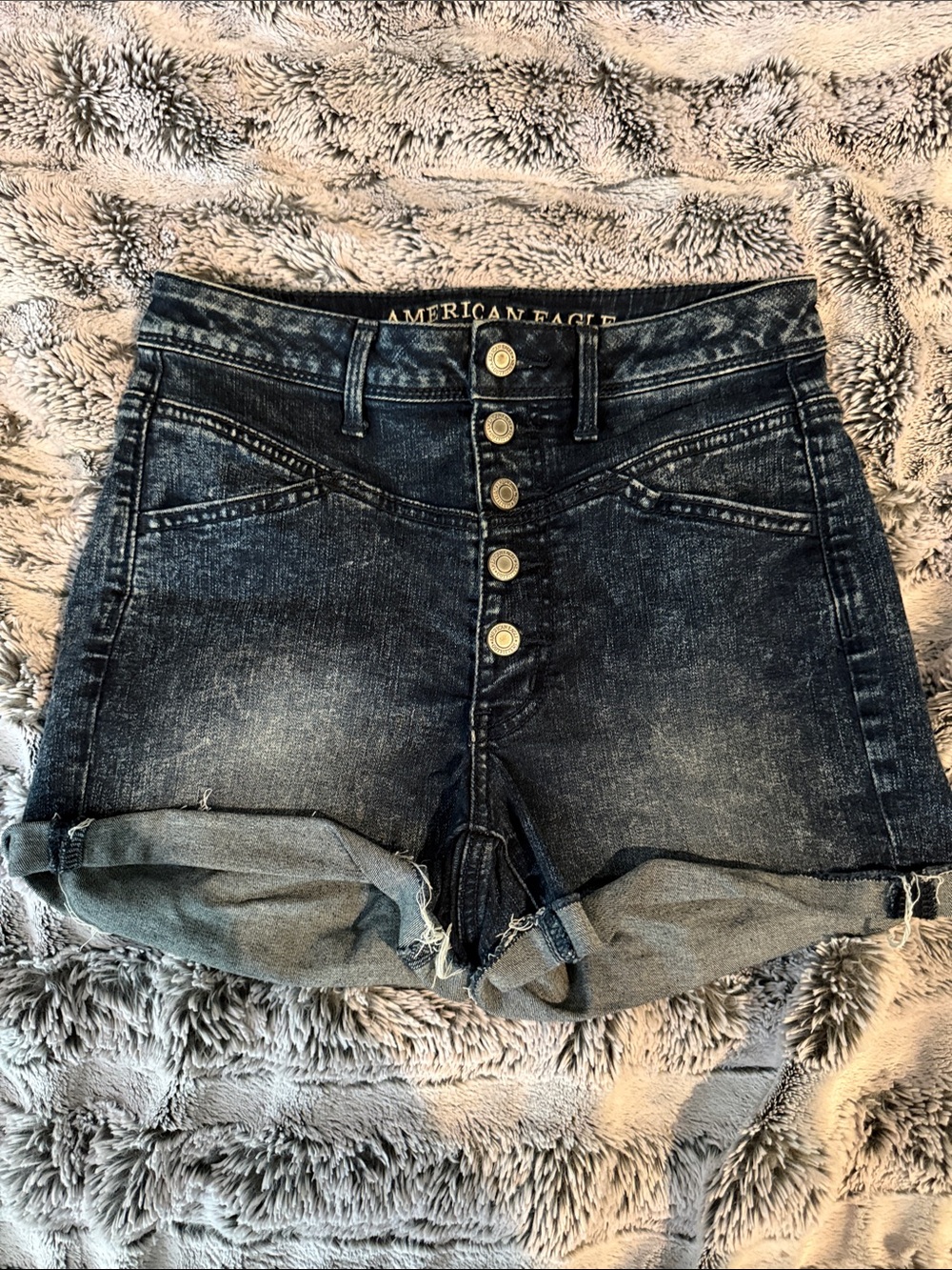 American Eagle Outfitters Dark Wash High-Rise Button-Front Jean Shorts